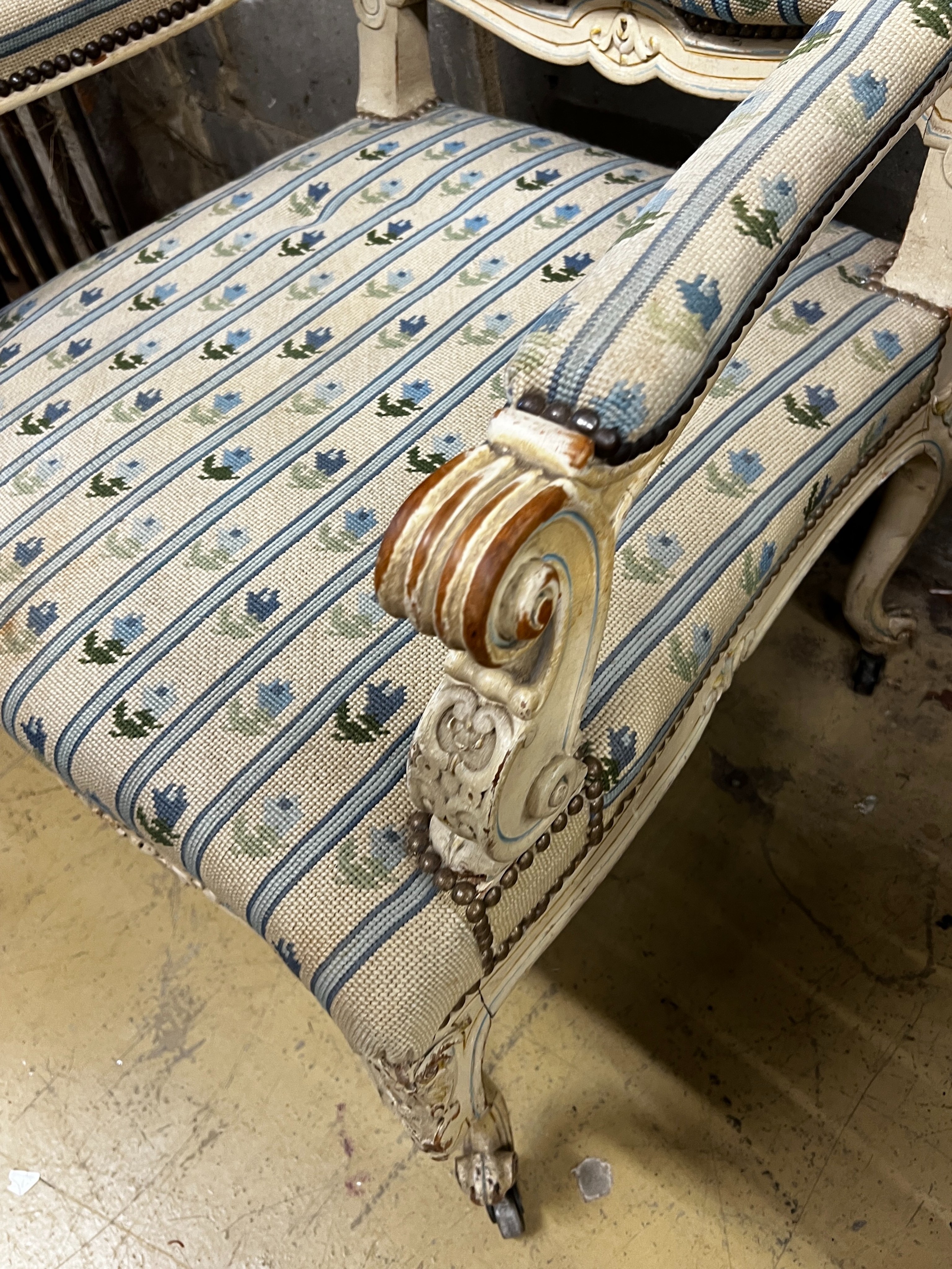 A French painted elbow chair with tapestry upholstery, width 64cm, depth 70cm, height 94cm